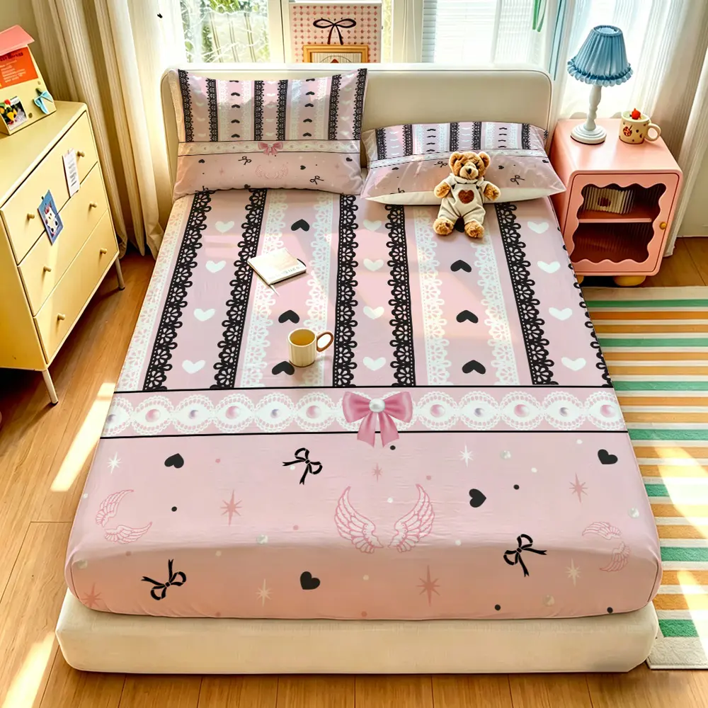 (1 fitted sheet + 2 pillowcases, no filler),Ribbon+Bow Pattern,Fitted Sheet 3-piece bedding set made of soft comfy polyester, machine washable without deformation, great bedding supplies for bedroom and dormitory use
