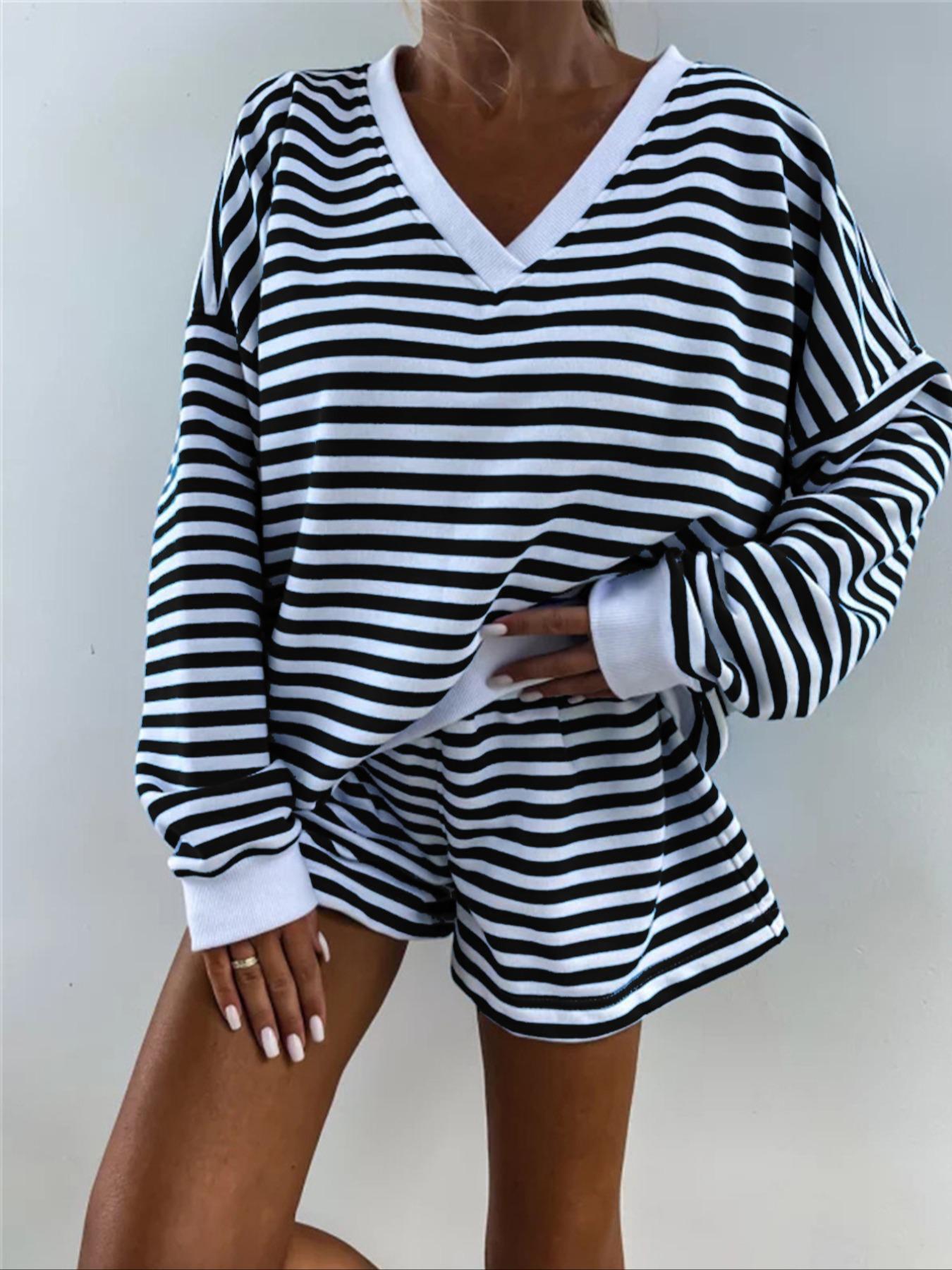 Women's Striped Print Drop Shoulder Long Sleeve Tee & Elastic Waist Shorts Two-piece Set, Casual Fashion Cozy Breathable Soft Fabric Two Piece Outfits for Daily Outdoor Wear, Women Clothes for Spring & Fall