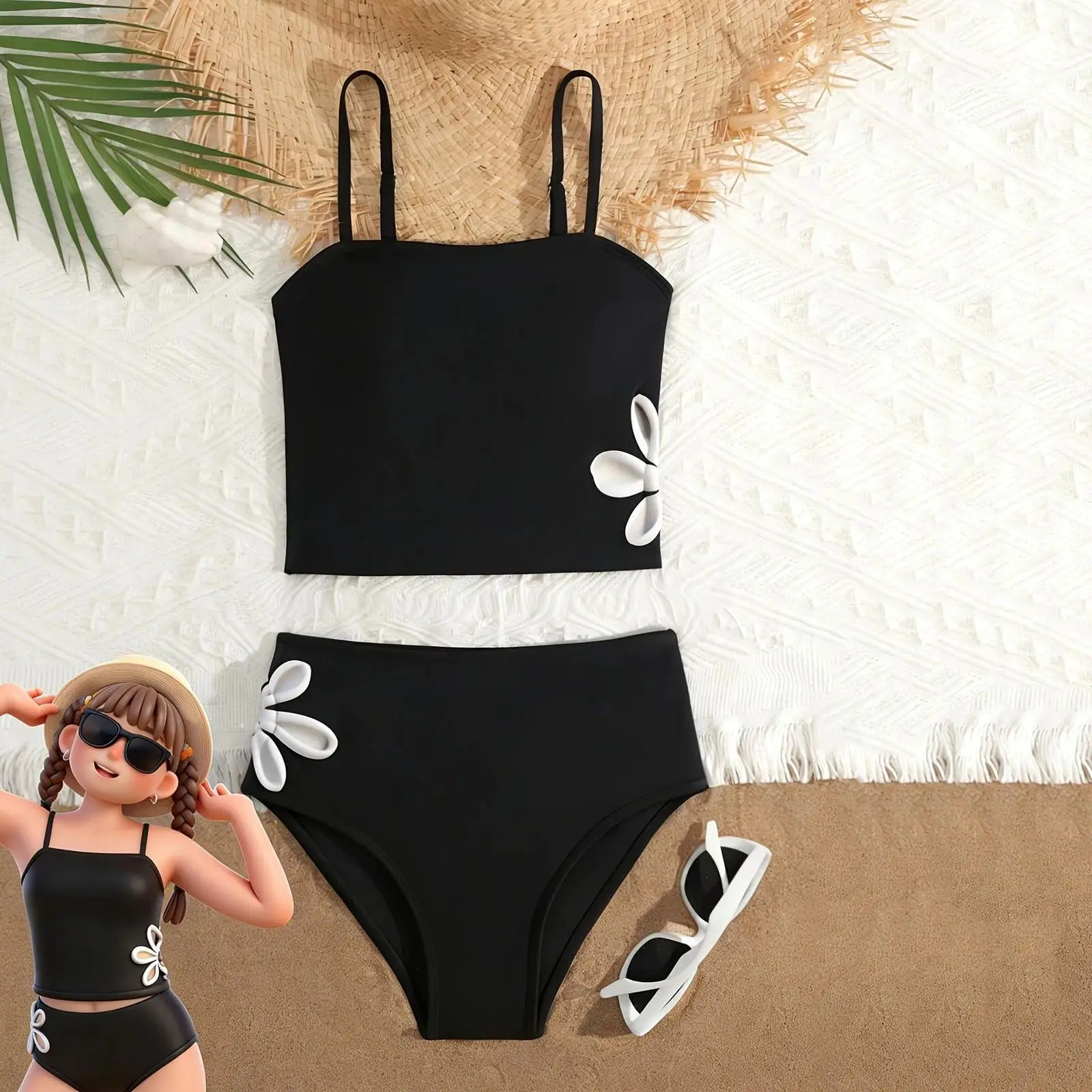 Girls' Polyester 2-Piece Cut-Out Bikini Set - Tank Tops Beach Wear Swimwear for 8,10,12,14-Year-Old Teens, Cut-Out Detail