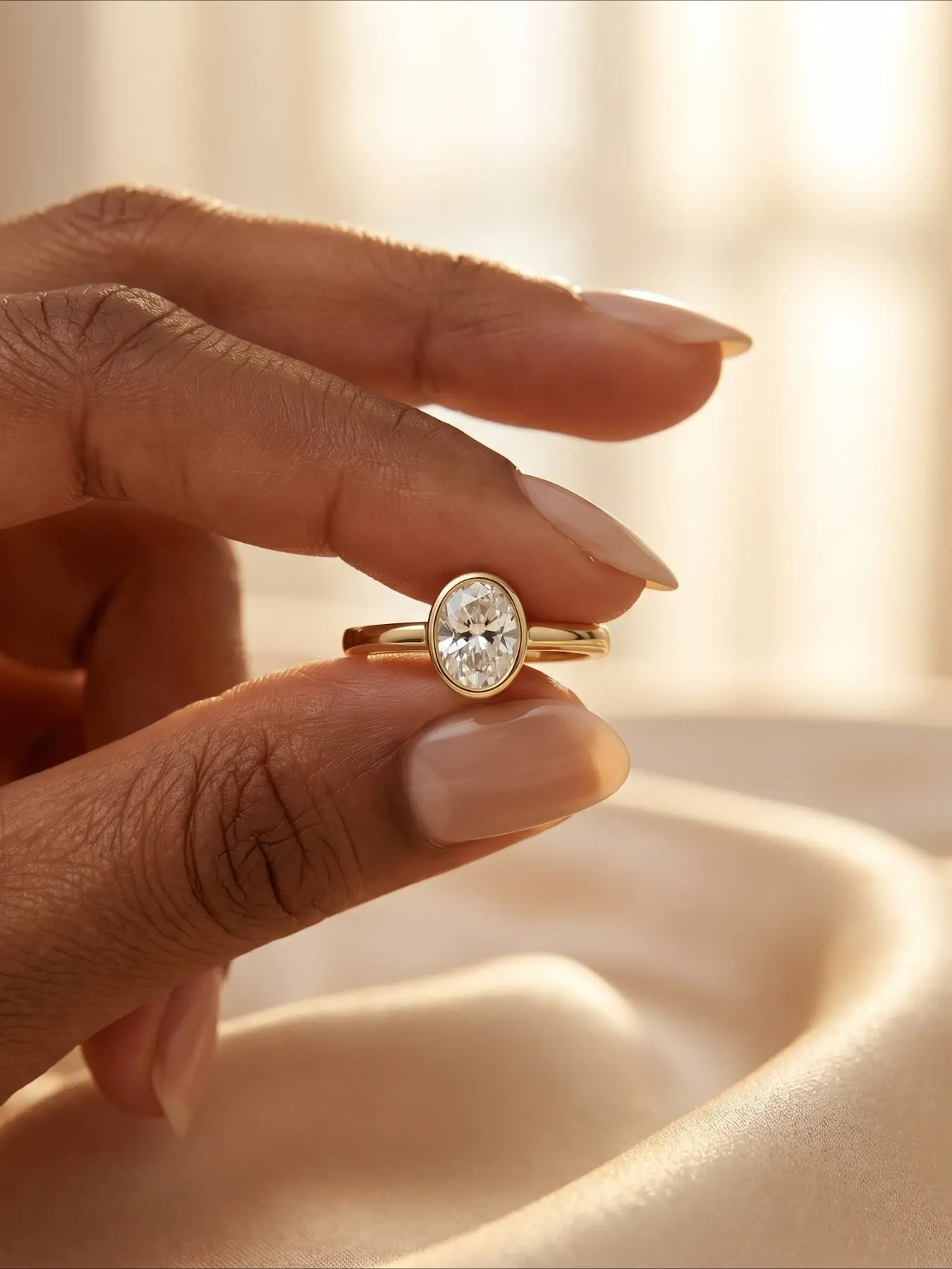 Gold Oval Bezel Set Cubic Zirconia Solitaire Ring Minimalist Thin Band Quiet Luxury Bridal Engagement Ring Elegant Daily Wedding Jewelry Gift for Women Ideal for Proposal Valentine's Day & Anniversary.