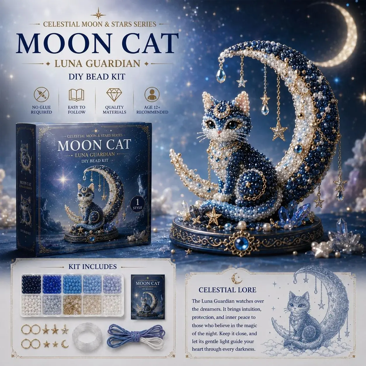 Moonlight Cat Guardian 3D Beads Starry Sky Decorative Bead String, DIY Jewelry Making Kit, Creative Craft Supplies, Fun Educational Activity Set