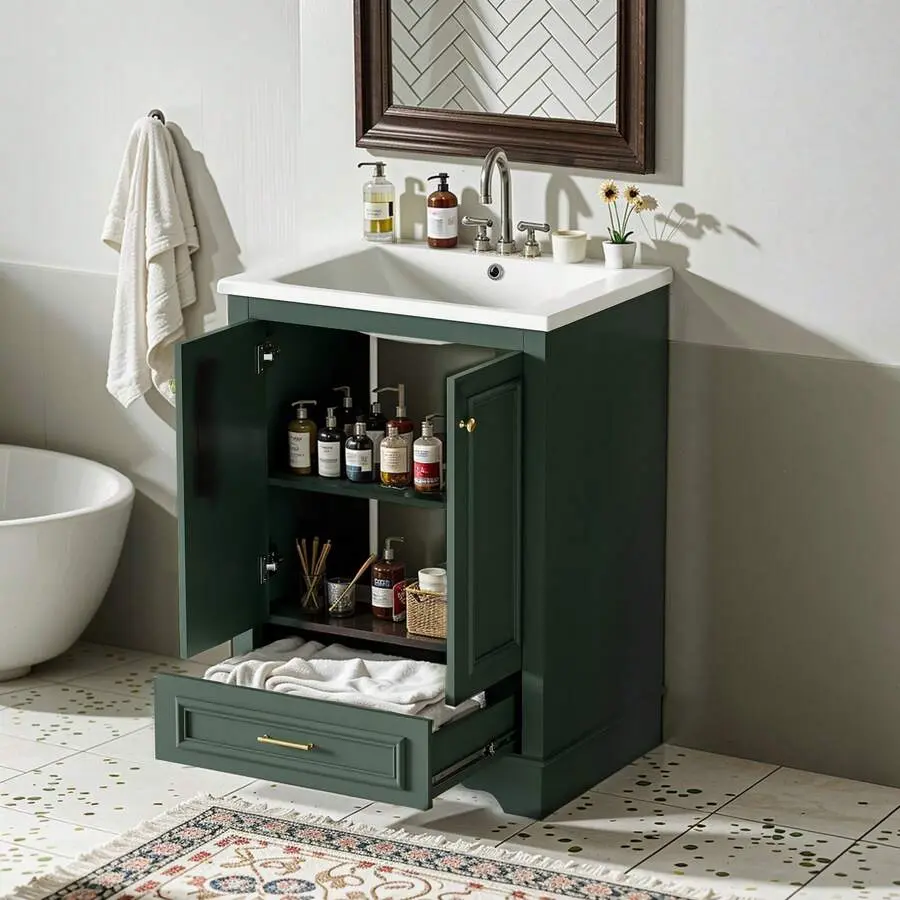 24" Modern Solid Wood Bath Cabinet With Ceramic Sink, Adjustable Shelf, Double Drawer, Clean Lines, Freestanding Double Storage, Green