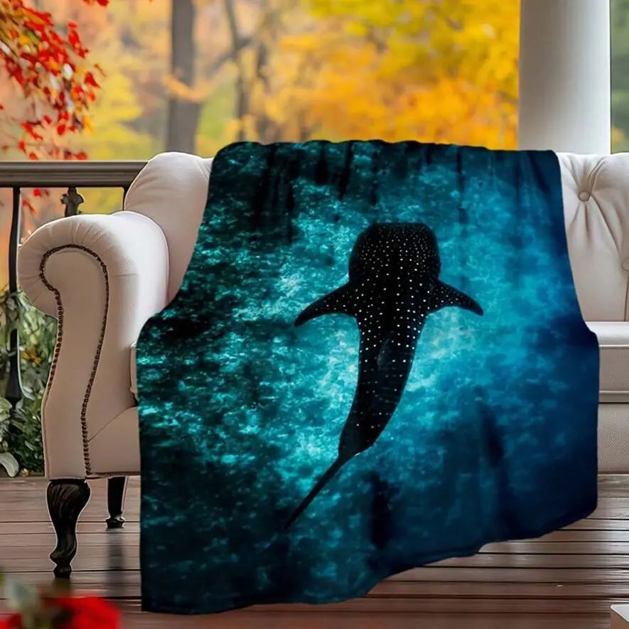 Deep Teal Underwater Whale Shark Silhouette Flannel Blanket Soft Plush Warm Throw Blanket, Dark Turquoise Ocean Bubbly Sea Creature Decor Couch Bedroom Nap Blanket, Giftable Coastal Marine Wildlife Ocean Lover Comfort Blanket for All Seasons