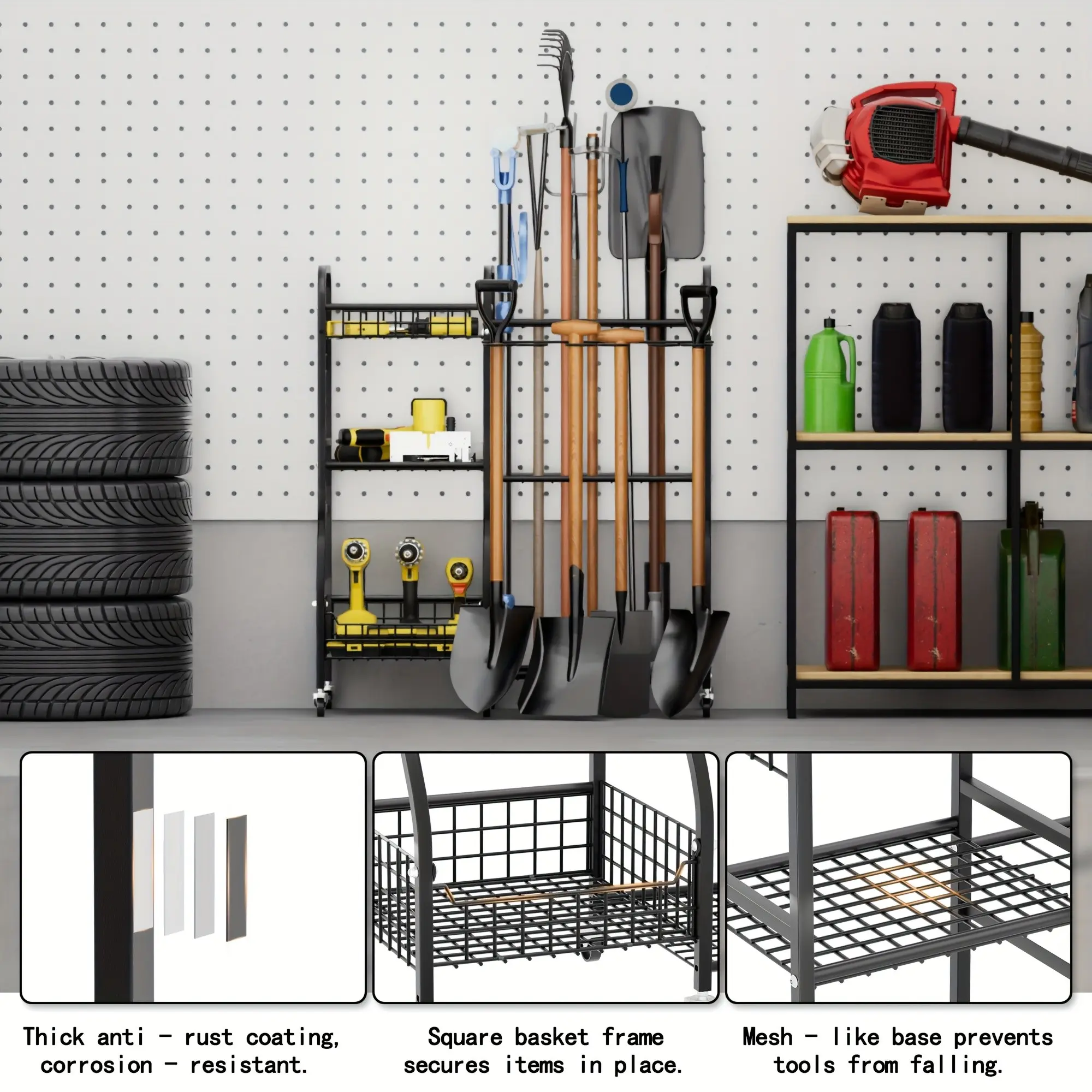 Garden Tool Organizer With Wheels, Yard Tool Tower Rack For Garage Organization And Storage, Long-Handled Tools/Rakes/Brooms, Heavy Duty Steel Garden Tool Stand For Shed, Fall Decorations, Halloween Decor