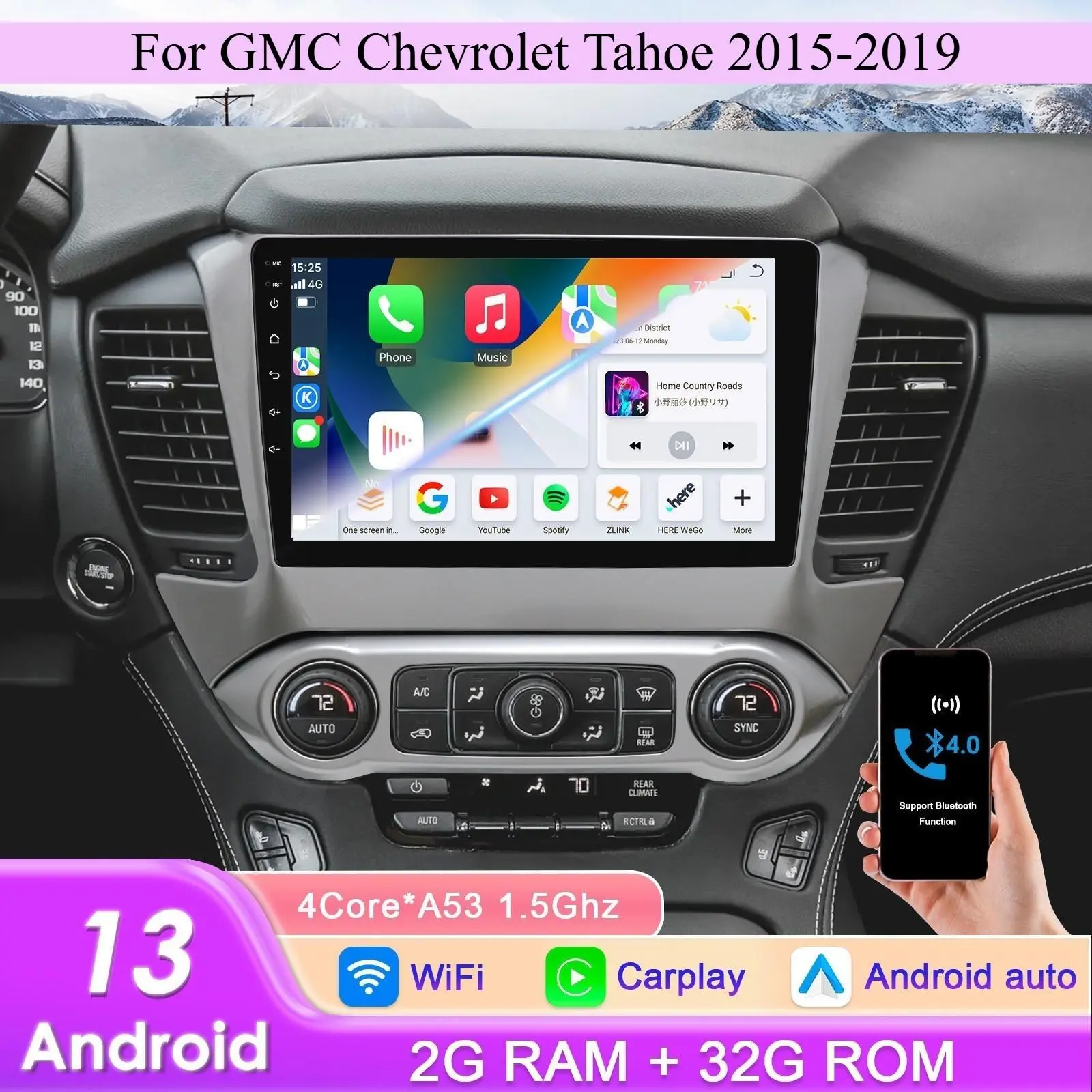[Hizpo] 10.1in 2-Din Android 14 Carplay Car Screen Touchscreen Autoradio Head Unit, 32G, with Android Auto & In-Car Audio, for Chevrolet Tahoe 2015-2019