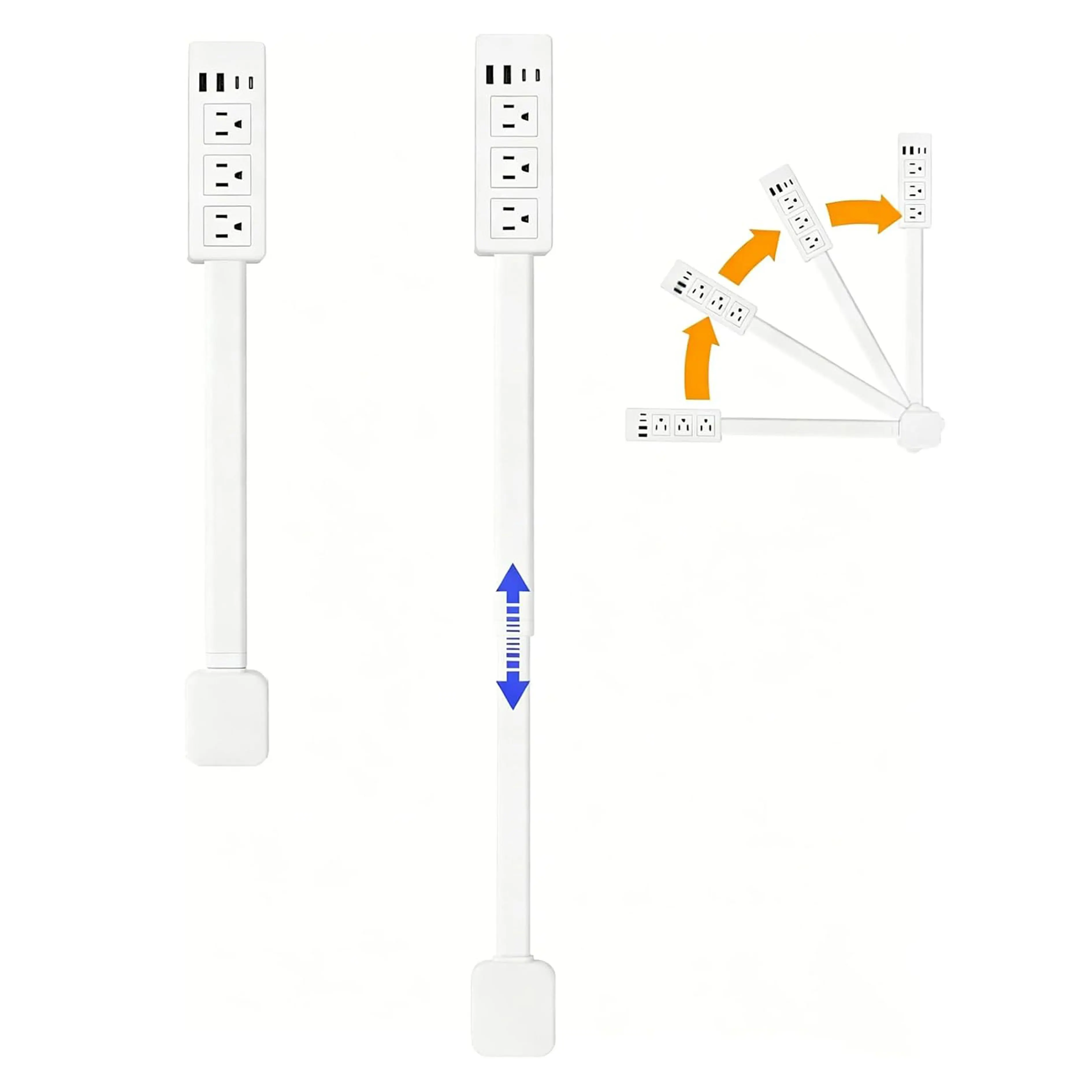 Rectangle Rotatable Extendable Outlet Extender Strip, 1 USB-C Port, 1 USB-A Fast Charging Port, 22-34 in Telescopic Cord, 180° Swivel Plug, Damage-Free Velcro Strips, Tool-Free Setup for Home Office, Dorms, Sofa Hard-to-Reach Sockets, 180°,