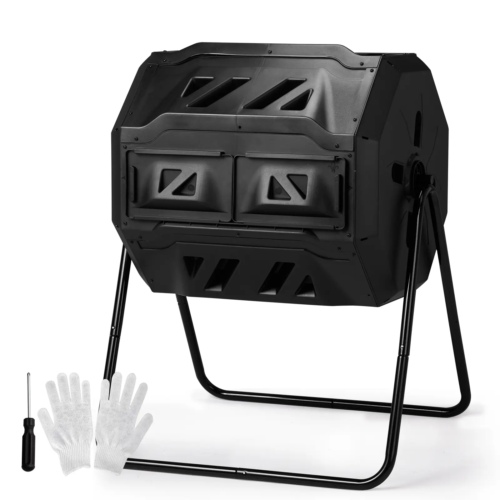 Outdoor Compost Tumbler Dual Chamber 42 Gallon Rotating Compost Bin Black Dual Batch Design Easy Turn Composting System for Garden Backyard Kitchen Scraps and Yard Waste