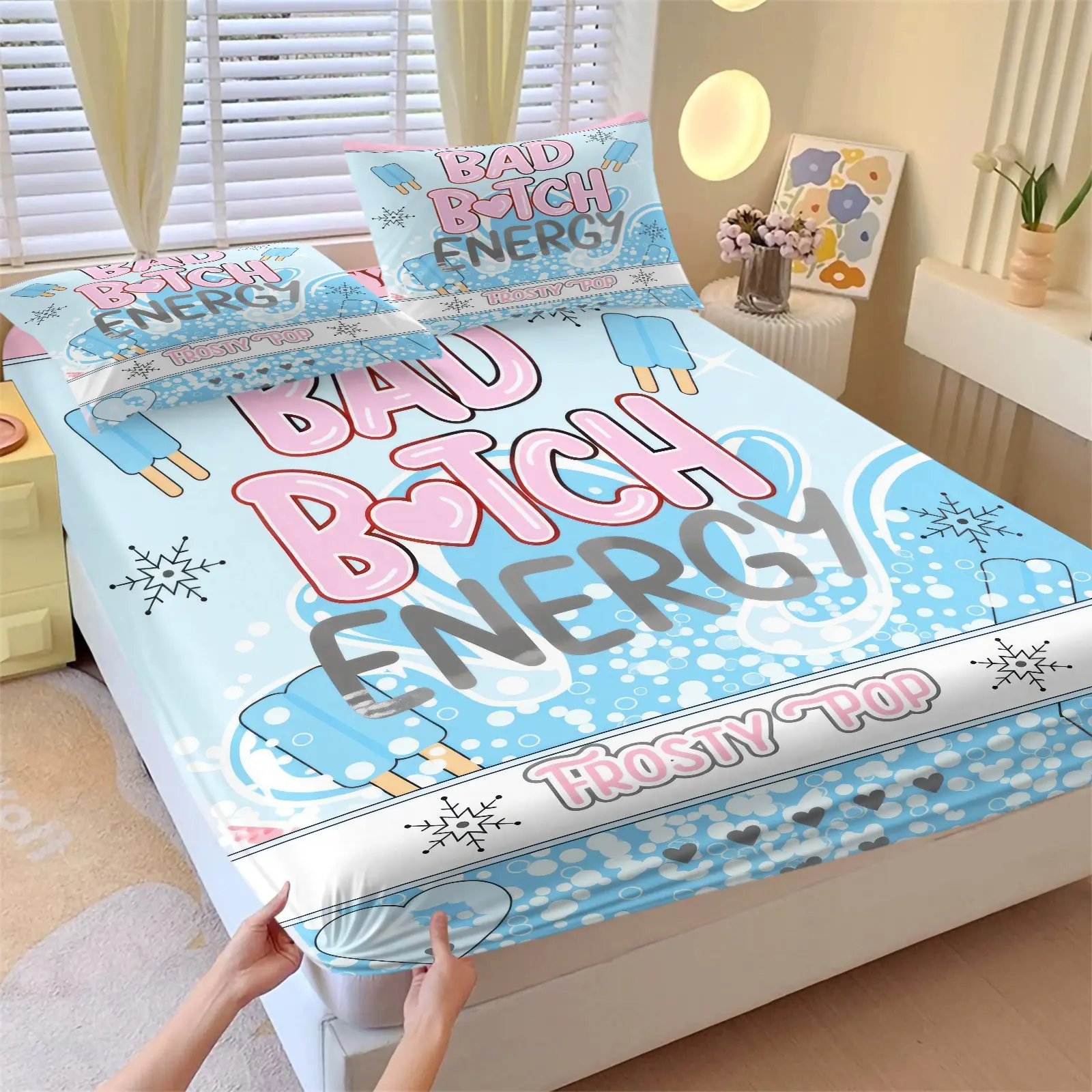 Bad Btch Energy Cute Ice Cream Fitted Sheet Set & 2 Coreless Pillowcases, Y2K Sweet Cool Aesthetic Bedding For Girls, Wrinkle Resistant, Breathable Deep Pocket Anti-Slip Mattress Protector, Trendy Gift For Birthdays,  Hot Girl Themed Bedroom Decor