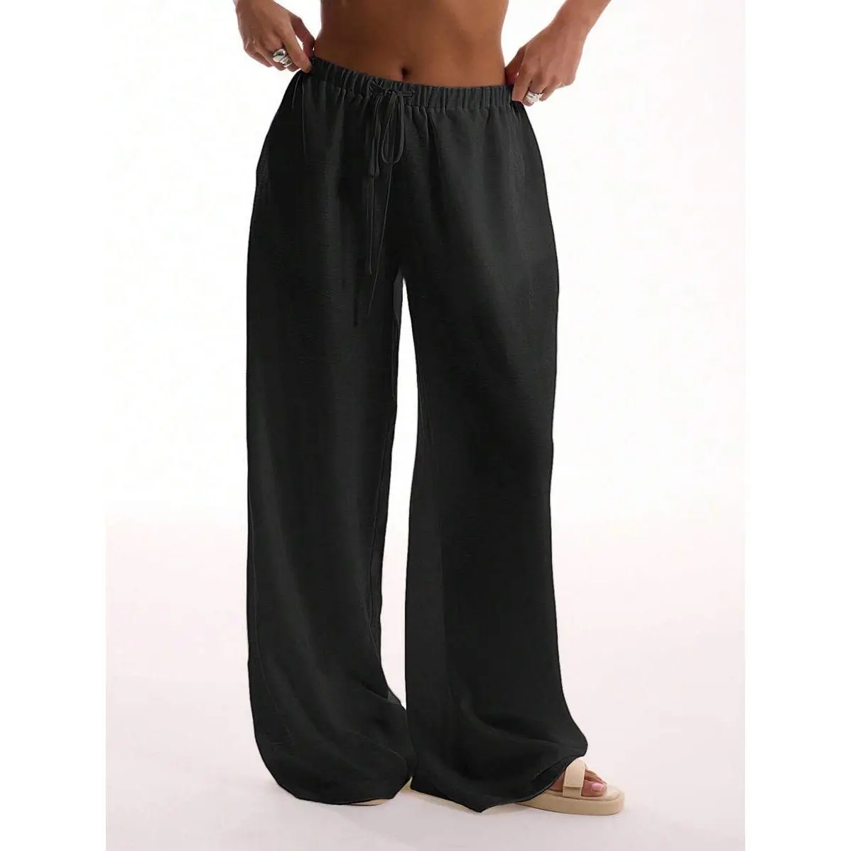 MUSERA Textured Linen Feel Tie Waist Trouser Vacation Summer Elegant Beachwear Boho Casual Boho Airport Spring Holiday