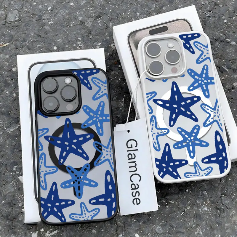 2-Tone Navy Blue Starfish Phone Case - Minimal Ocean Beach Style for iPhone 17/16/15/14/13/12/11 Plus Pro Max, Summer Vacation Gift