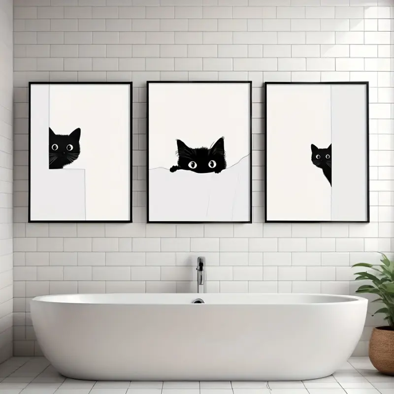 Set of 3 Funny Peekaboo Black Cat Bathroom Wall Art, Animal Art Print, Art Canvas Prints, Black And White Canvas Poster, Modern Wall Decor, Ideal Gift for Living Room, Bedroom, Bathroom, Home Office, Unframed