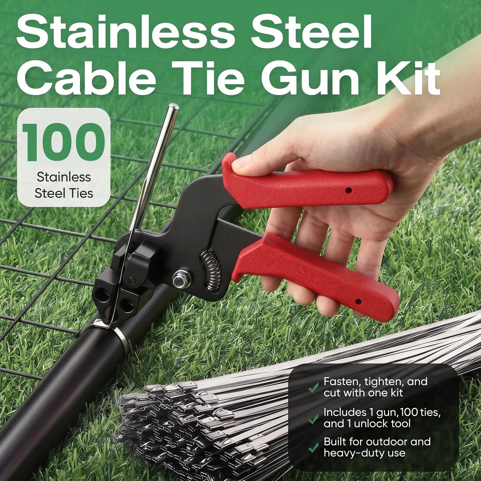 Stainless Steel Cable Tie Gun Kit with Auto Tension, Cut & Labor-Saving Functions, 100PCS 304 Rail & Steel Wire Cable Ties (300mm) & Release Tool for DIY Users’ Outdoor Wire, Pipe Fixing, Rail Cable Ties