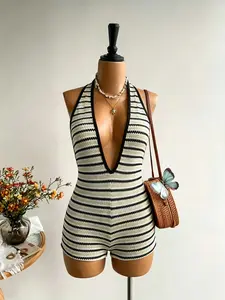 Women's Vacation Knit Texture Wave Fabric Deep V Neck Backless Romper, Fashion Fitted Romper for Parties, Dates, Beach, Summer, Spring