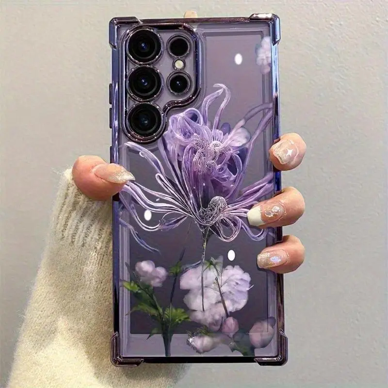 Beautiful flower Phone Case: Elegant Purple Floral Pattern Four-corner Drop-proof New Phone Case for Samsung S26 S25 S24 S23 S22 Plus Ultra and iPhone 17 Air 16 15 14 13 12 11 Pro Max Plus , a