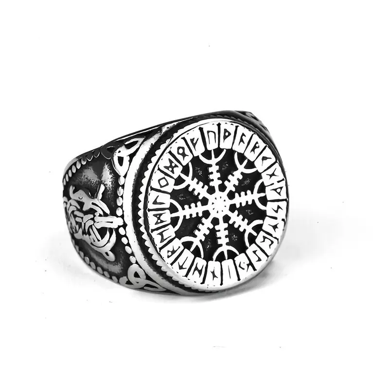 Men's Retro Look Titanium Steel Viking Rune Compass Snowflake Round Ring - Stainless Steel Statement Band, Open Design Anxiety Relief Accessory for Daily Wear