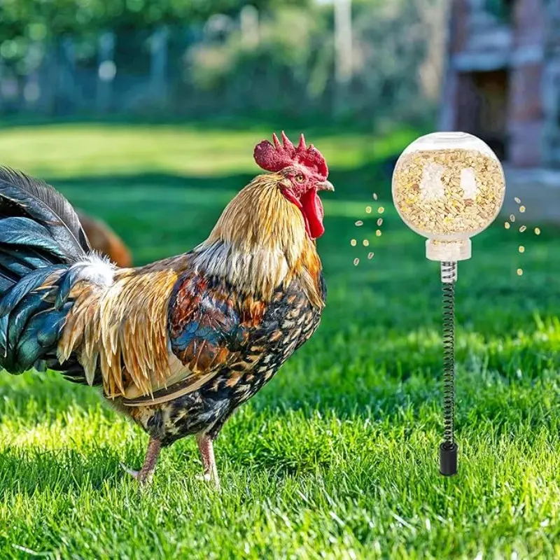 2pcs Chicken Pecking Toys, Chick Interactive Slow Feed Enrichment Toy, Chicken Swing Feeder with Metal Spring and Plastic Ground Stake, Easy Installation, Coop Accessories for Hens Poultry Duck Birds Parrots
