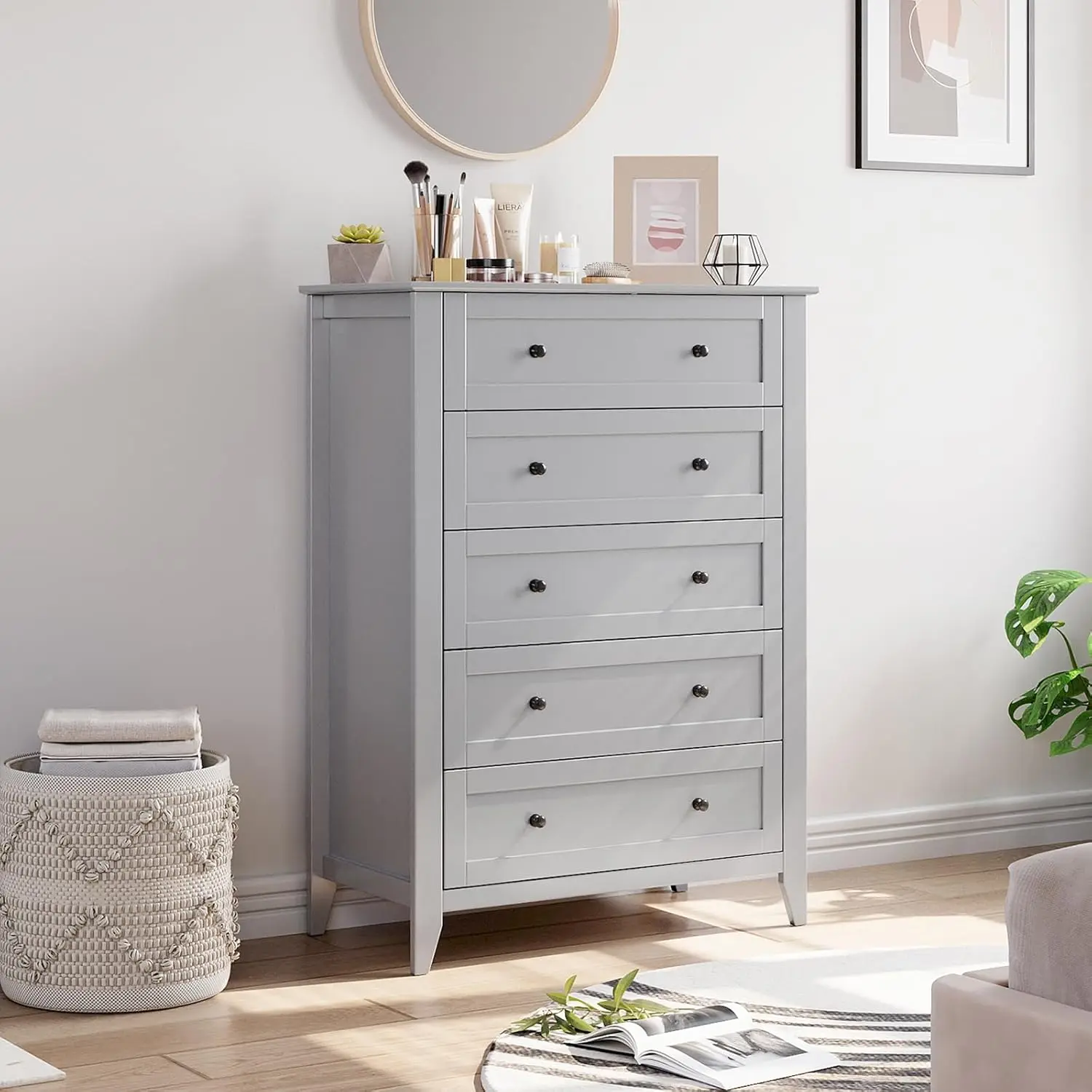 Spacious Storage Solution 5-Drawer Dresser, Tall Wooden Chest for Bedroom Organization, Deep Drawers with Metal Knobs, Modern Cabinet for Closet, Living Room, or Entryway