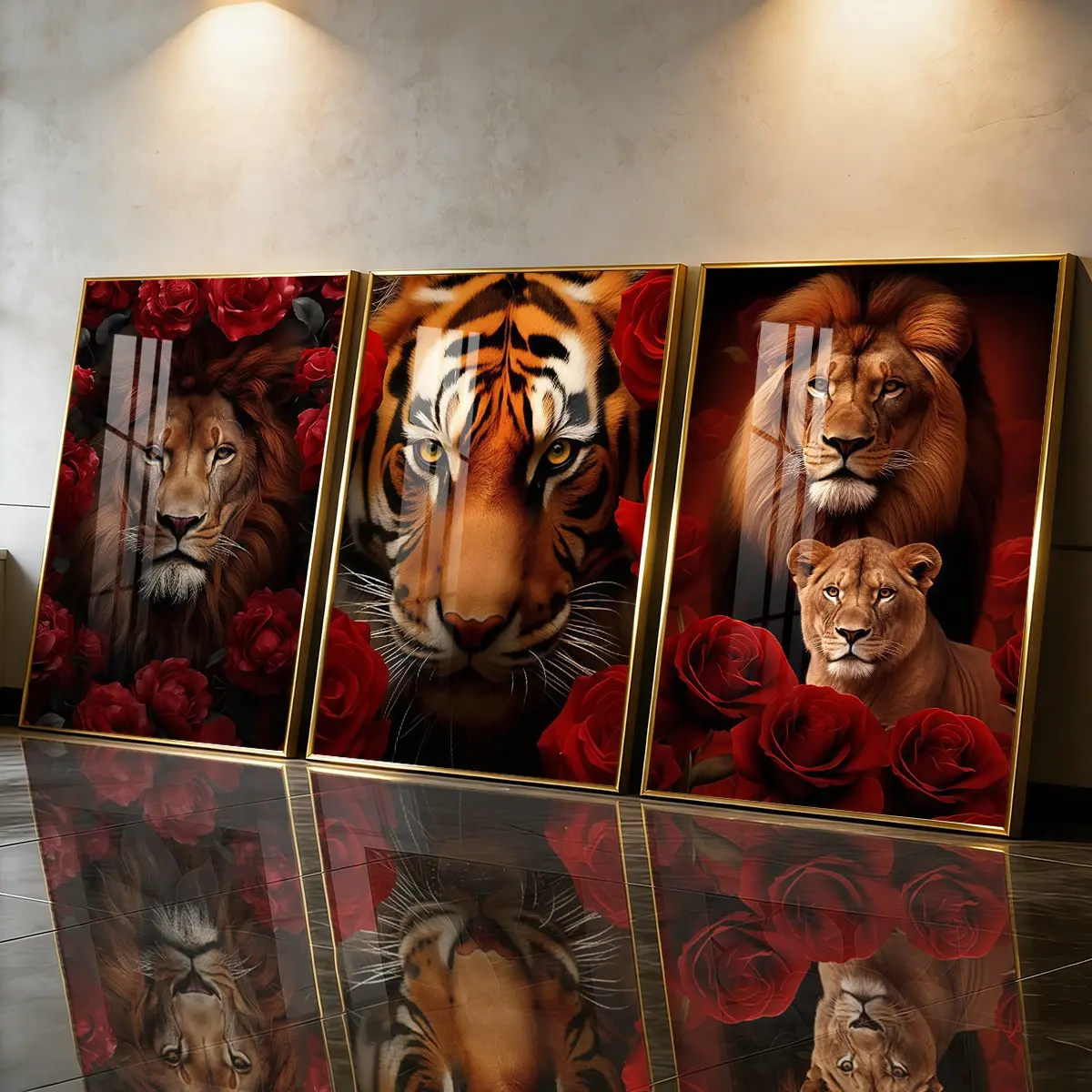 3 Count Aluminum Alloy Frame Canvas， Lion And Tiger Red Rose Fashion Poster， Modern Living Room Decoration， Light Luxury Family Art， Suitable For Bedroom， Corridor And Office Wall Decor， Gift