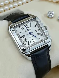 Men's Square Roman Numeral Quartz Watch, Luxury Stainless Steel Case, Leather Strap, Waterproof Business Dress Band, Date Display, Analog Watch, Analog Quartz Watches