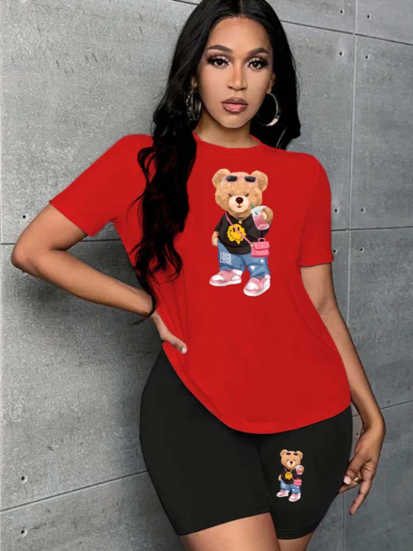 Two-Piece Set Women's Cartoon Bear Print Short Sleeve T-shirt & Skinny Shorts Set, Round Neck Tee & Shorts for Summer, Lady Outfits for Daily Wear Two-Piece Set Women's Cartoon Bear Print Short Sleeve T-shirt & Skinny Shorts Set, Round Neck Tee & Shorts for Summer, Lady Outfits for Daily Wear