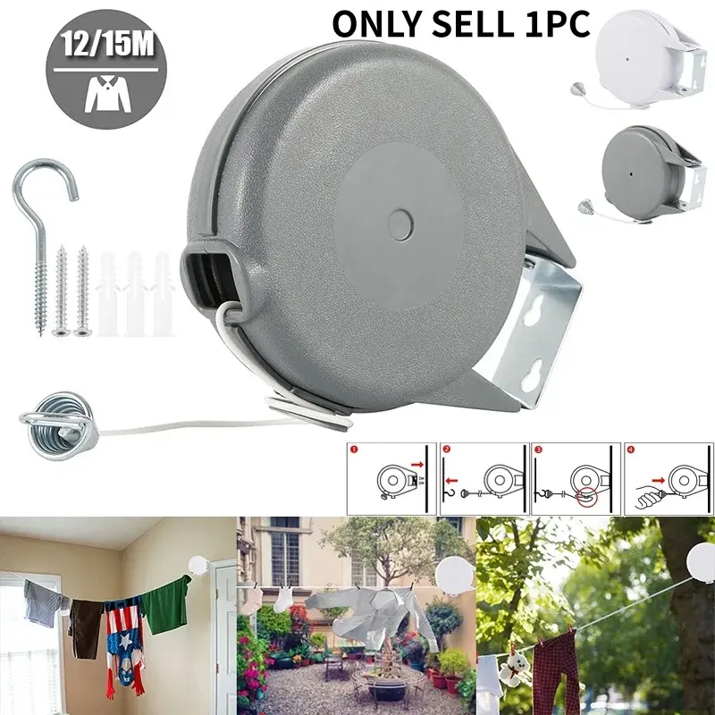 Retractable Clothesline 12m Portable Heavy Duty Indoor and Outdoor Washing Line PVC Retracting Clothes Line with Wall Mount Hang