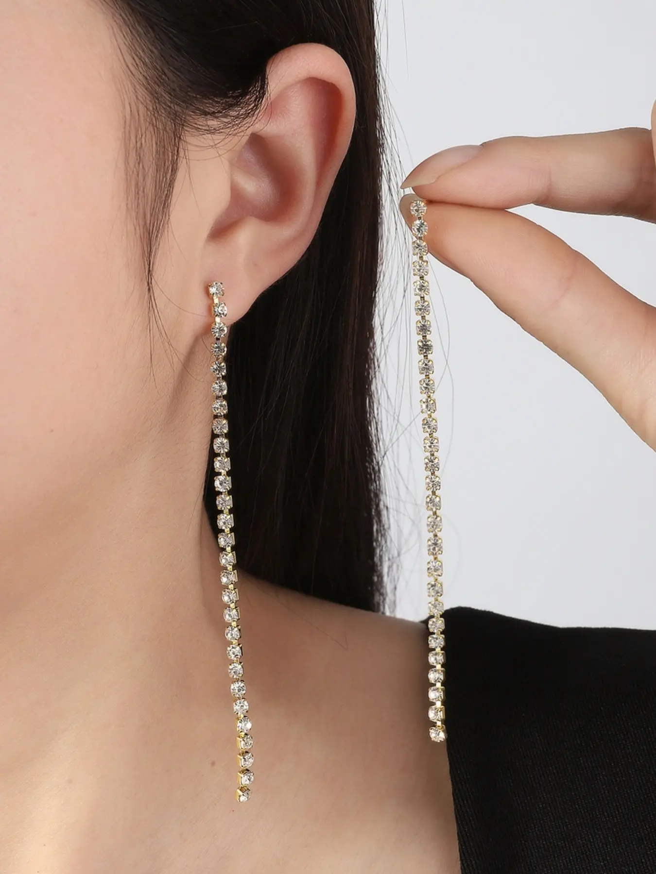 Minimalist Rhinestone Earrings, Unique Long Tassel Ear Rings, Nightclub Super Shiny Queen Style, Ear Cuffs, Studs, Fashion Jewelry, Elegant Minimalist Earrings