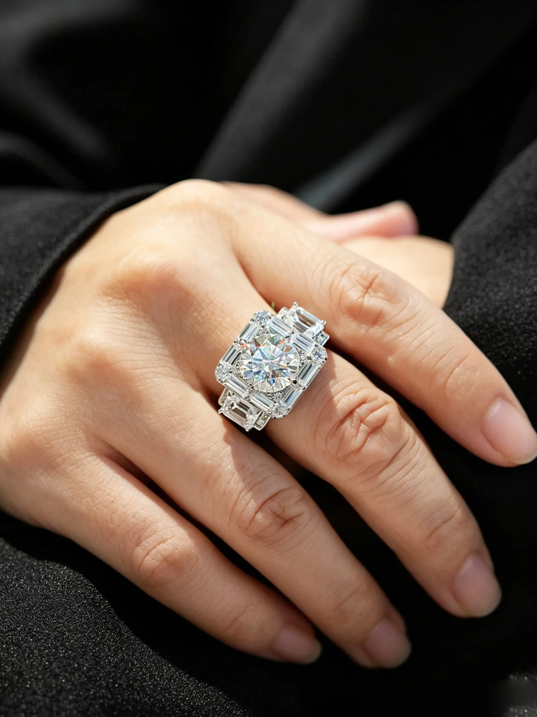 Silver Tone Men's Iced Out Statement Ring, Elegant Ring, Round & Baguette Cut Cubic Zirconia Square Halo Ring, Multi Row Wide Band, Hypoallergenic Tarnish Resistant Hip Hop Luxury Jewelry For Wedding Party Daily Wear