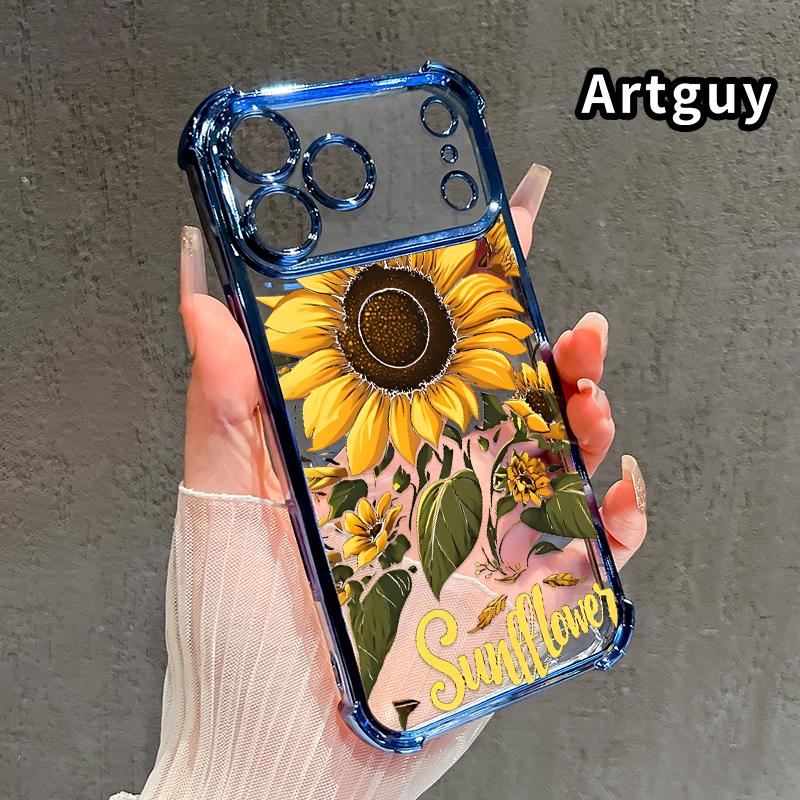 Compatible with iPhone 17 Pro Max 16 15 Plus Air 14 13 12 11 E Phone Case Sunflower Field Four-Corner Drop-Resistant Electroplated Transparent TPU Soft Protective Cover Gift