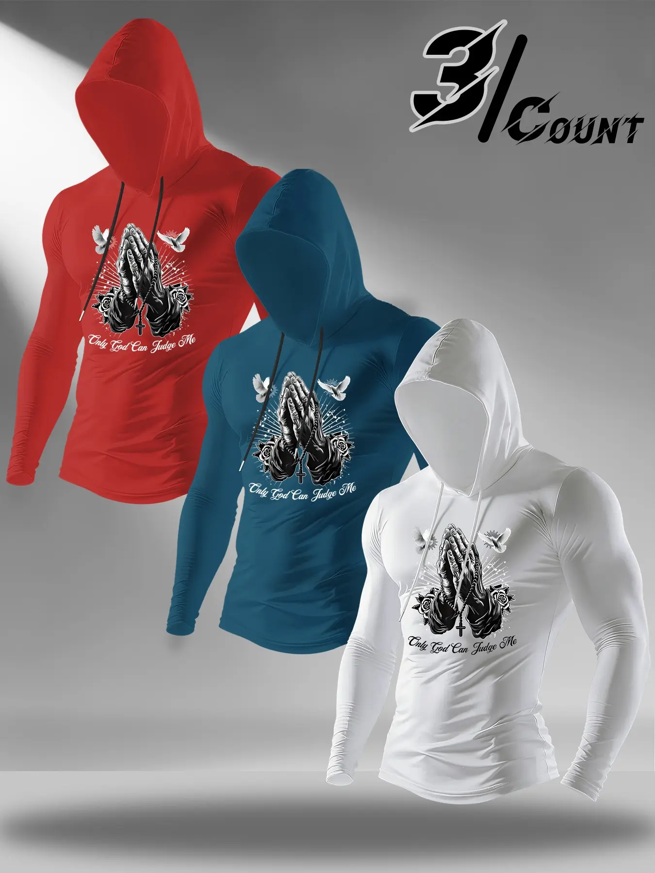 3 Count Men Hooded Long Sleeve Workout Shirts Praying Hands Rose Dove Faith Tattoo Graphic Only God Can Judge Me Quick Dry Breathable Christian Compression Activewear Athletic Training Gym Tops Multipack