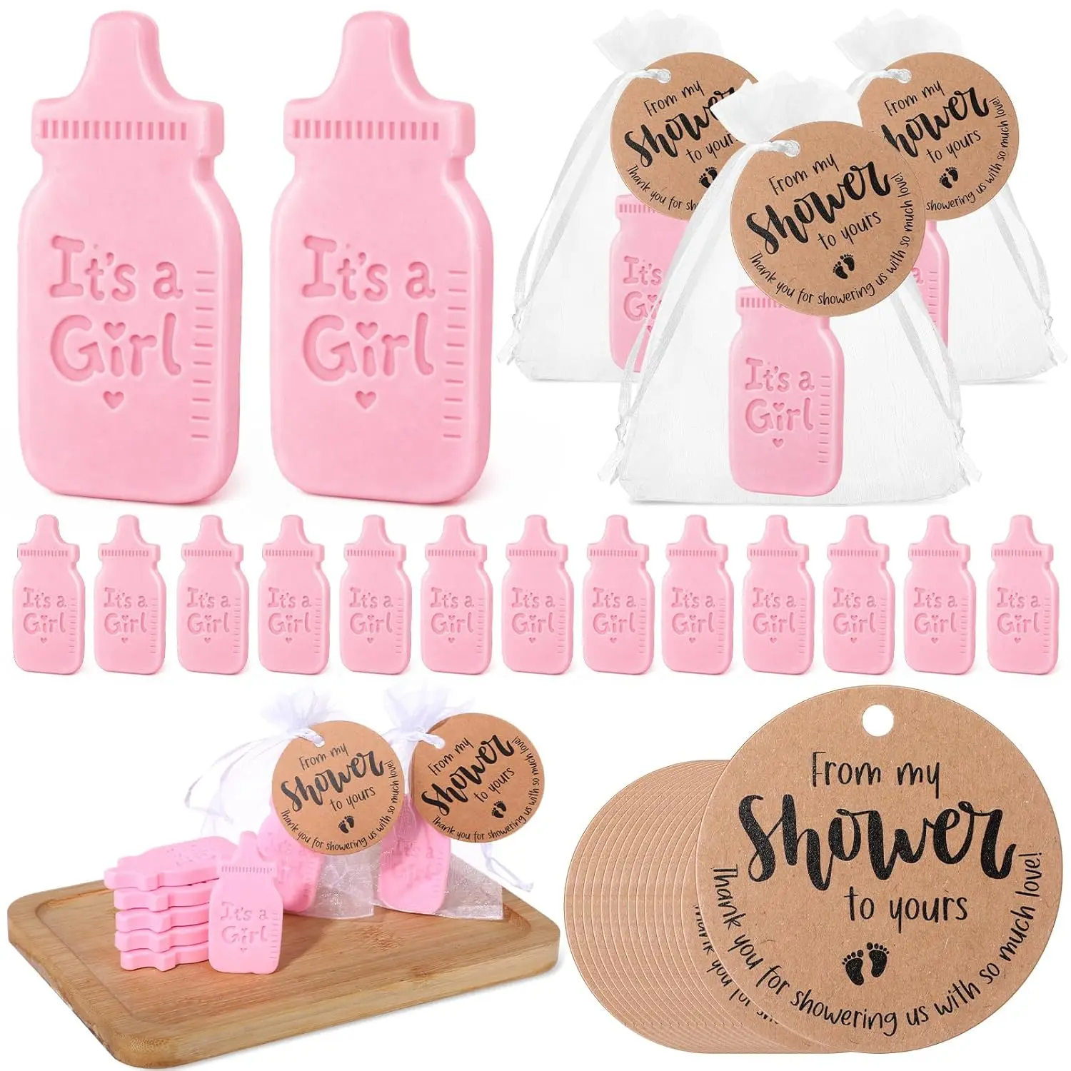 50 Sets Handmade Mini Scented Baby Shower Soap Favors, Body Care Moisturizing Lightweight Gentle Daily Soaps with Thank You Tags & Organza Bags for Gender Reveal Party Guests (It's A Girl), Blend, Gift