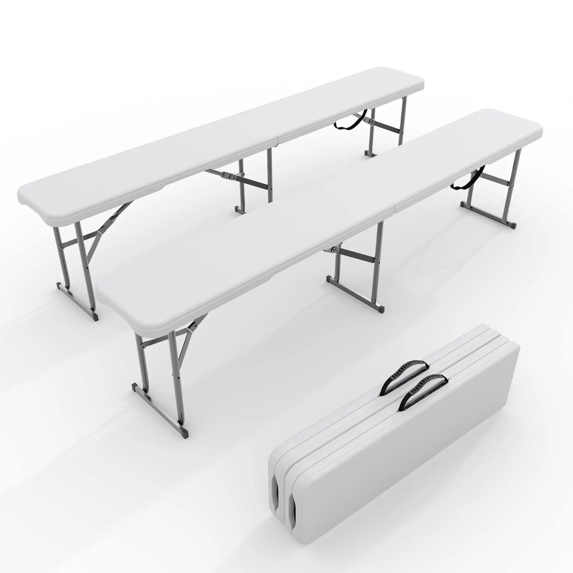 Portable Easy Fold-Up HDPE Plastic Benches, 2-Pack 6ft Benchtop Outdoor Stools with Carry Handle for Picnic, Camping, Foldable