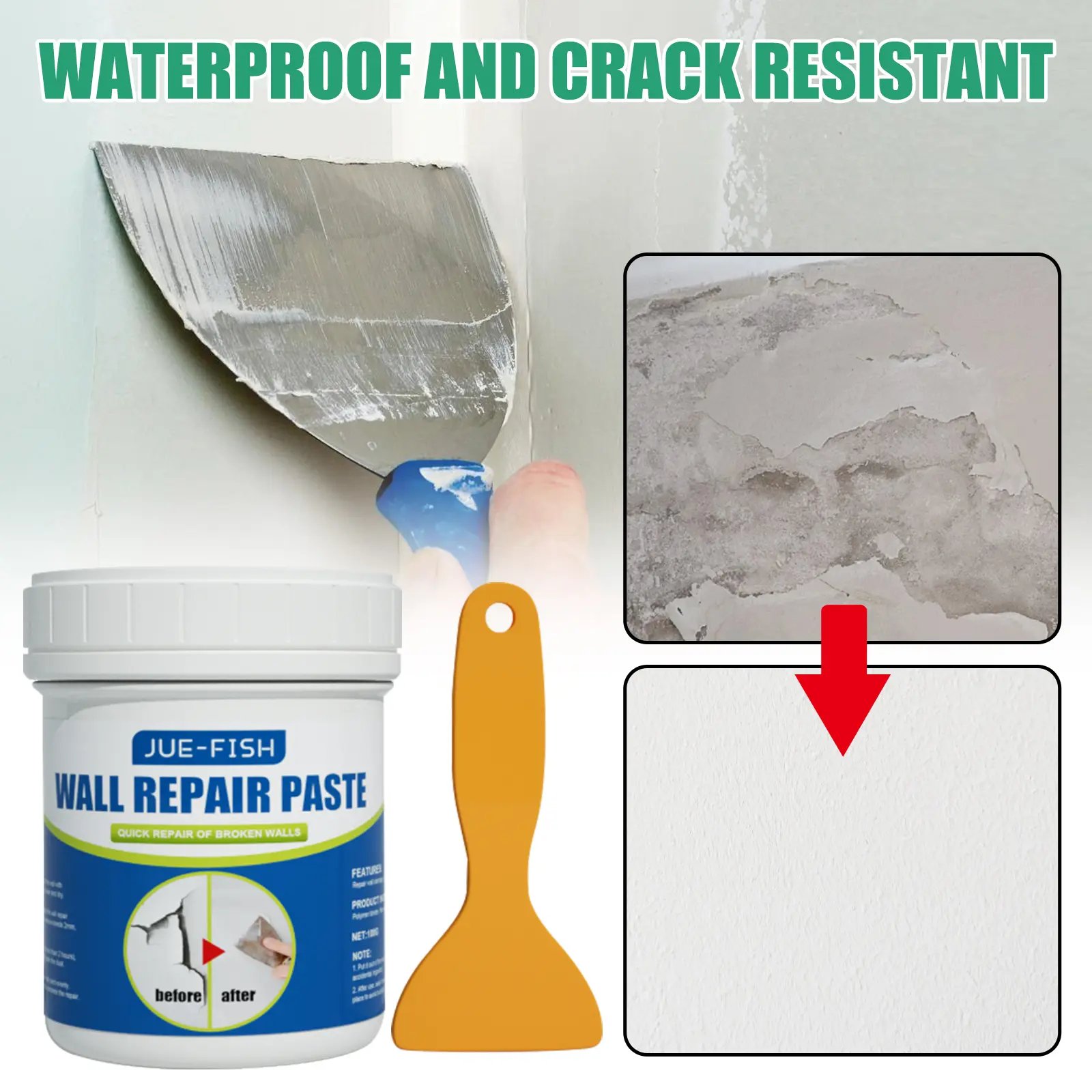 JUE-FISH 100g Drywall Repair Plaster Kit (1 Jar, Single Unit) with Yellow Plastic Scraper - Crack-Resistant, Sag-Resistant, Quick-Dry, Non-Shrinking Spackle for Renters' DIY Projects Indoor Wall Repairs