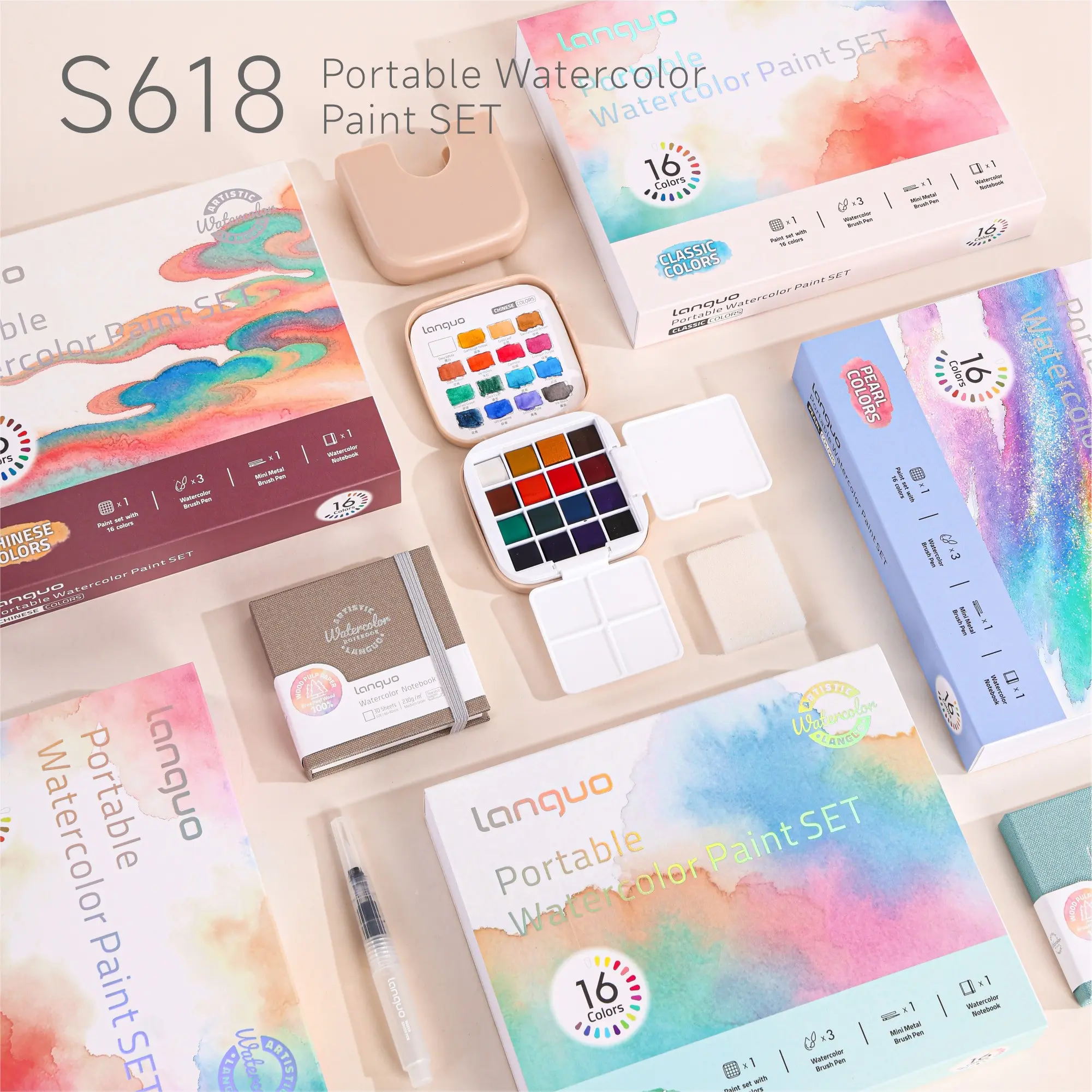 Solid Watercolor Gift Set, Rich Color Layers, Comfortable Grip, Includes Bucket, Pigments, Palette, Brush, Portable for Drawing, Writing, Sketching, Postcards