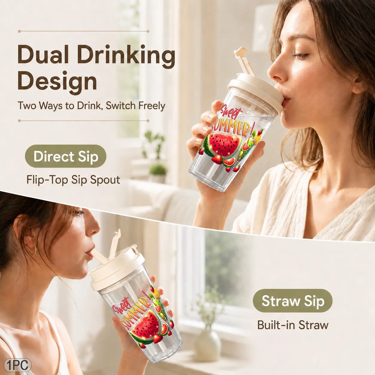 16oz Clear PC Plastic Reusable Cold Drink Cup, Portable Drinkware, with Vibrant Watermelon Summer Letter Print, Wide Mouth Easy to Clean Lightweight with Hand Strap, for Homemade Drinks Takeaway Beverages, for Gym Pool Party Birthday Gift