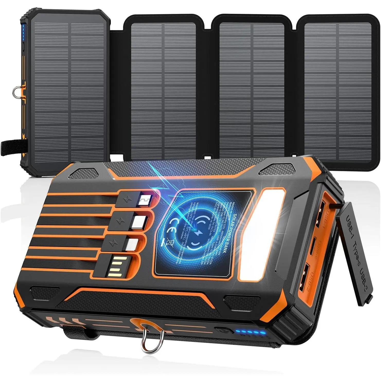 Solar Charger Power Bank - 48000mAh Wireless Portable Charger Built-in 4 Cables and 4 Solar Panels, PD QC 3.0 Fast Charging USB C Battery Pack with Flashlight  Camping Travel