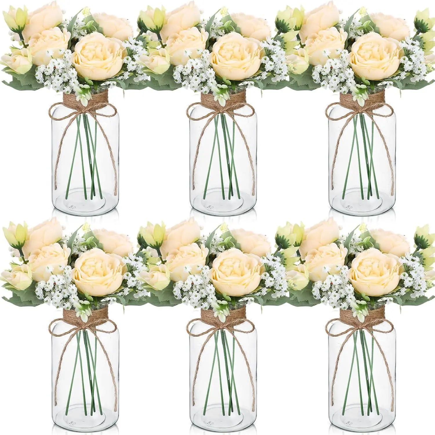 6 Sets Mason Jar Table Centerpiece with Artificial Peony 's Breath Flower Centerpieces Faux  with Rope for Wedding Reception Engagement Bridal Shower Rustic Table Decor(Champagne)