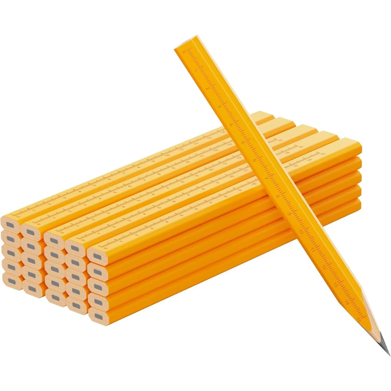 25 Pack Carpenter Pencils with Ruler - Flat Yellow Octagonal Woodworking Pencils for Construction, Marking, Framing - Hard HB Graphite