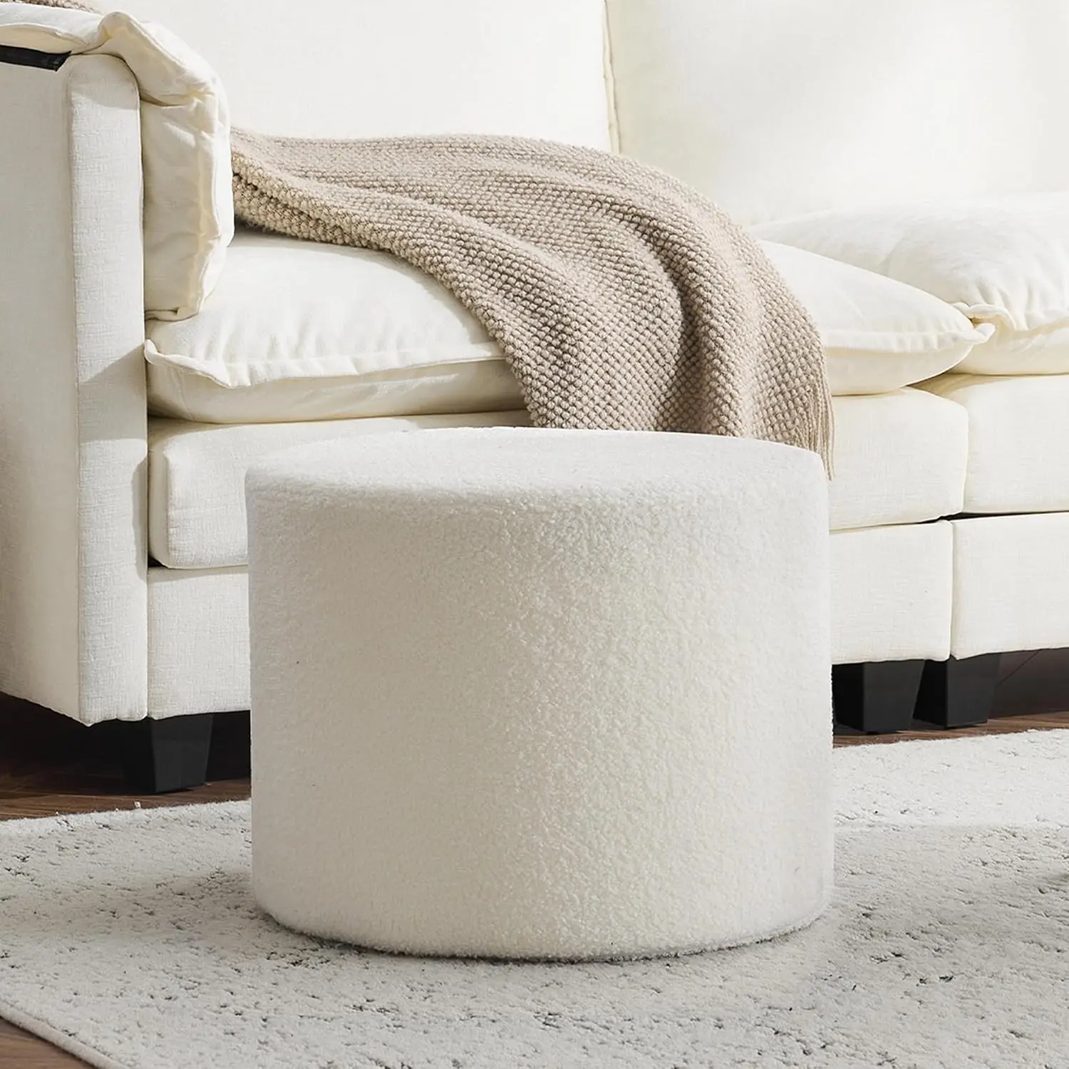Beige Soft Boucle Pouf Ottoman - Classic Cylindrical Single Seat, High-Density Foam Foot Stool, Removable Cover, Lightweight Indoor Furniture for Living Room, Bedroom