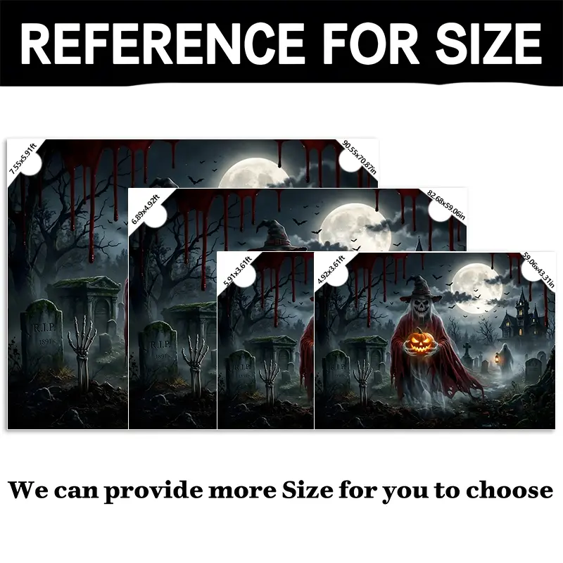 Halloween Backdrop with Skeleton Wizard, Glowing Pumpkin, Cemetery Tombstones, Ghost Haunted House, Full Moon and Bats, Photography Background, Party Backdrop, Photo Booth Background, Studio Backdrop, Video Background, Perfect for Live Streaming, Hallowee