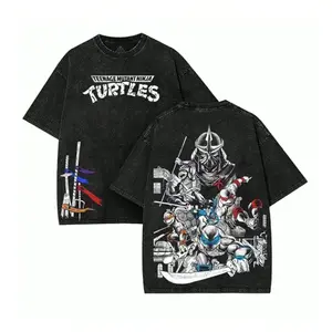 Vintage Black Washed TMNT Graphic Print Unisex Oversized Heavyweight Cotton T Shirt Front Turtles Logo Side Weapon Flags Back Full TMNT Shredder Art Crew Neck Short Sleeve Retro Anime Streetwear Casual Daily Outfit Birthday Holiday Gift For TMNT Fans