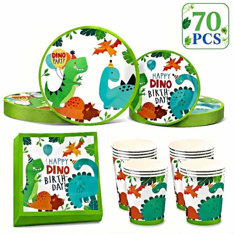 70 Piece Cartoon Dinosaur Disposable Cutlery Set, Disposable Forks and Spoons, Plates, 20 Person Birthday Party Supplies, Camping, Picnic, Theme Parties, Halloween, Christmas