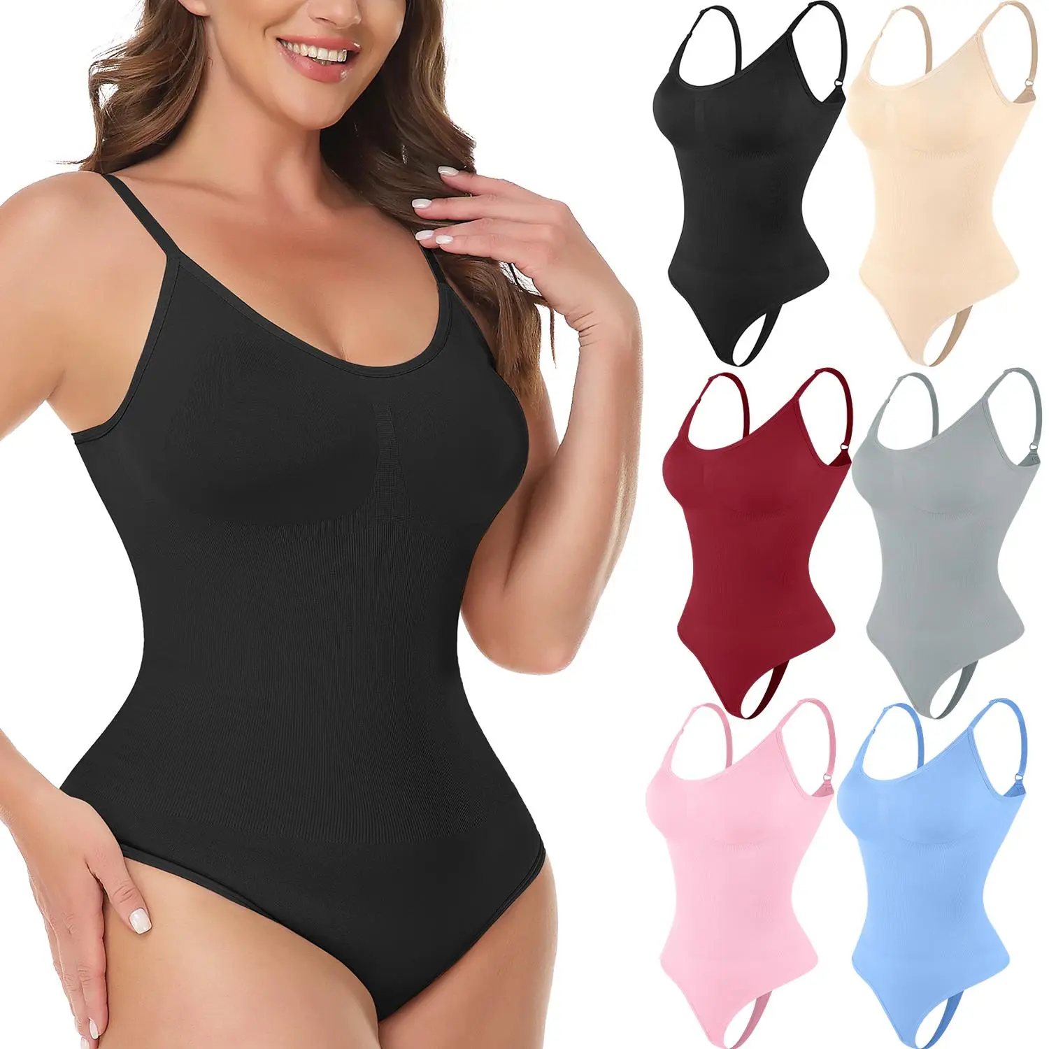 Women's Shapewear Bodysuit with Tummy Control, Seamless V-Neck Sleeveless Thong Shaper, Chic Tank Top for Outfits, Style, Dressy, Basic, Elegance, Breathable, Casual, Everyday, Cute