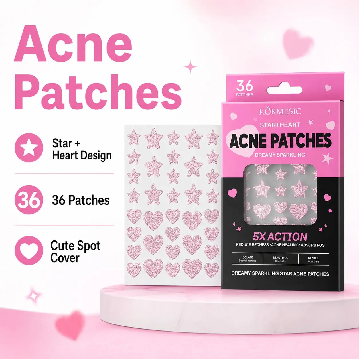 Star & Heart Acne Patches, Cute Pimple Patches, Cute Hydrocolloid Spot Cover Stickers, Pink Glitter Blemish Patches, Acne Spot Treatment, Gentle, Redness, 36 Count