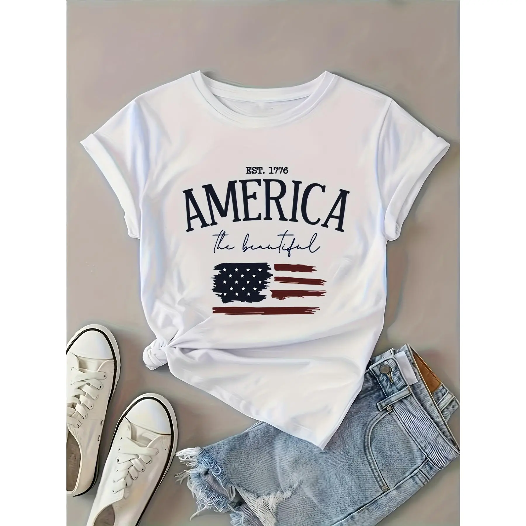 Women's Patriotic American Flag Print Short Sleeve T-Shirt - Stretchy Polyester Blend Casual Top with "America The Beautiful" Graphic, 1776 EST Design, Comfort Fit for 4th of July, Casual Attire | Women's Clothes, Shortsleeve