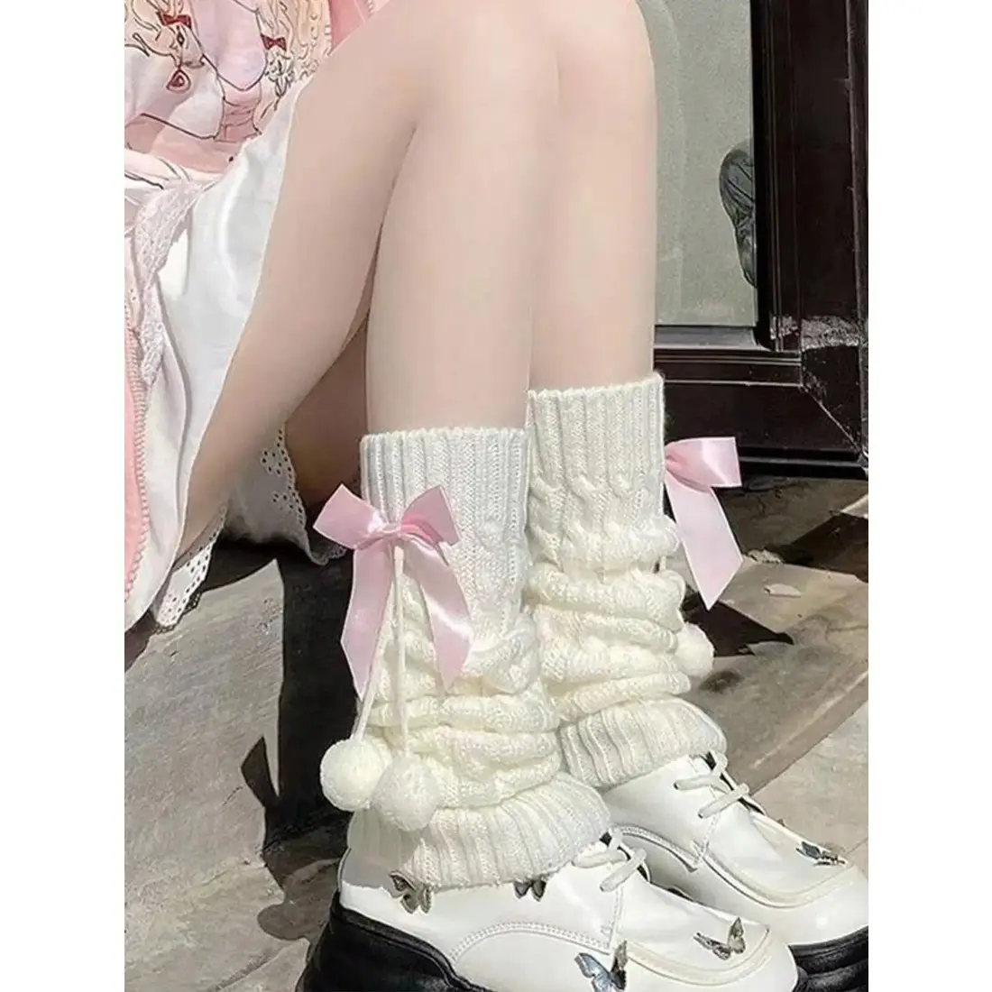 Women's Bowknot Knitted Leg Warmers Socks, Casual Fitted Winter Accessories, Cozy Ball Chain Design, Perfect for Cold Weather, One Pair