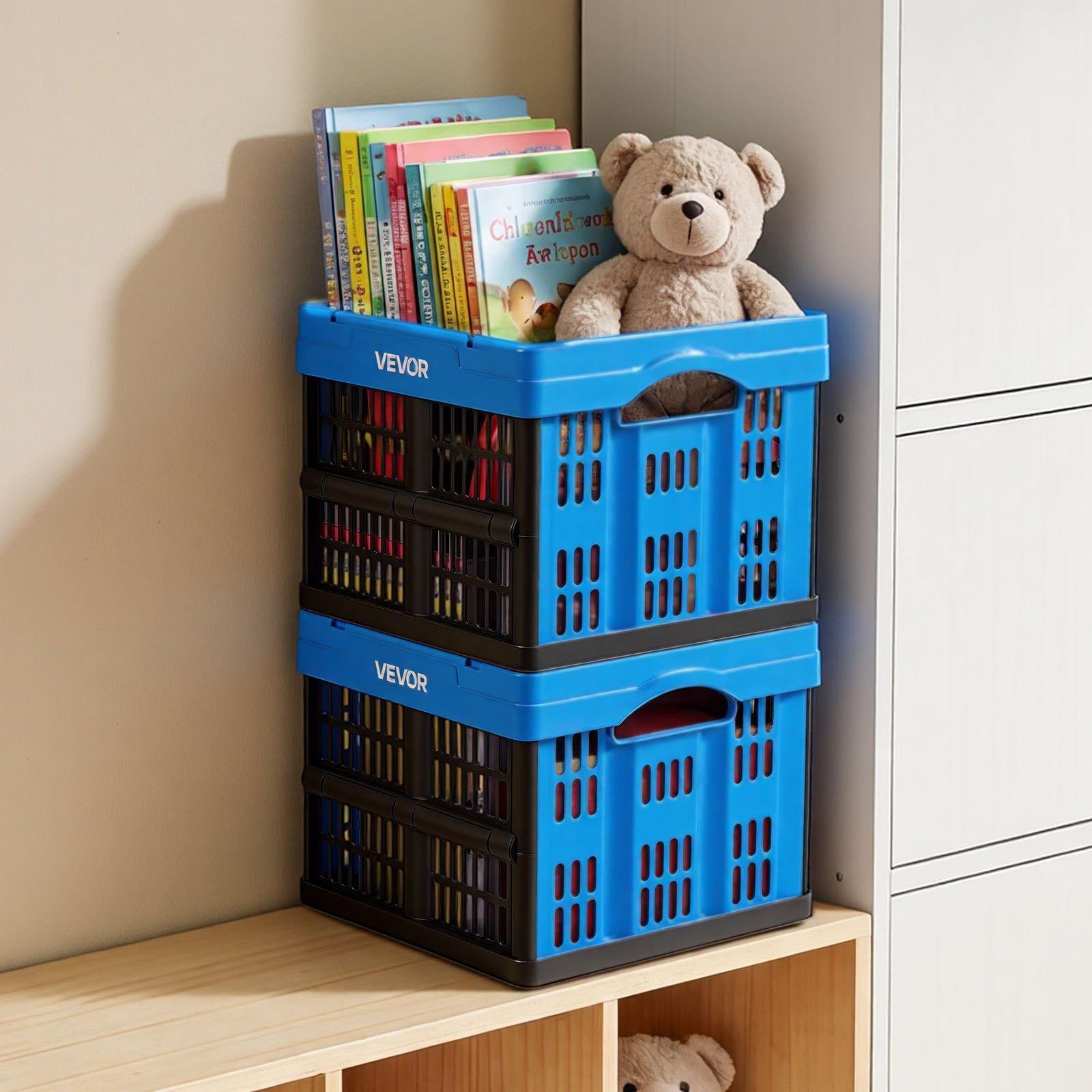 VEVOR Plastic Collapsible Storage Bins, 25L 3 Packs, Stackable Folding Storage Crates with Handles, Holds 22 lbs Per Bin, Foldable Heavy Duty Containers, Space-Saving Baskets, for Home Organizing