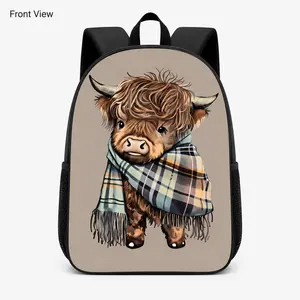 Highland Cow Backpack - Large capacity foldable casual backpack with adjustable shoulder straps, zip closure, durable and machine washable design, cartoon theme, and colorful Western-style patterns. Suitable for school and travel. Cartoon-themed backpack.