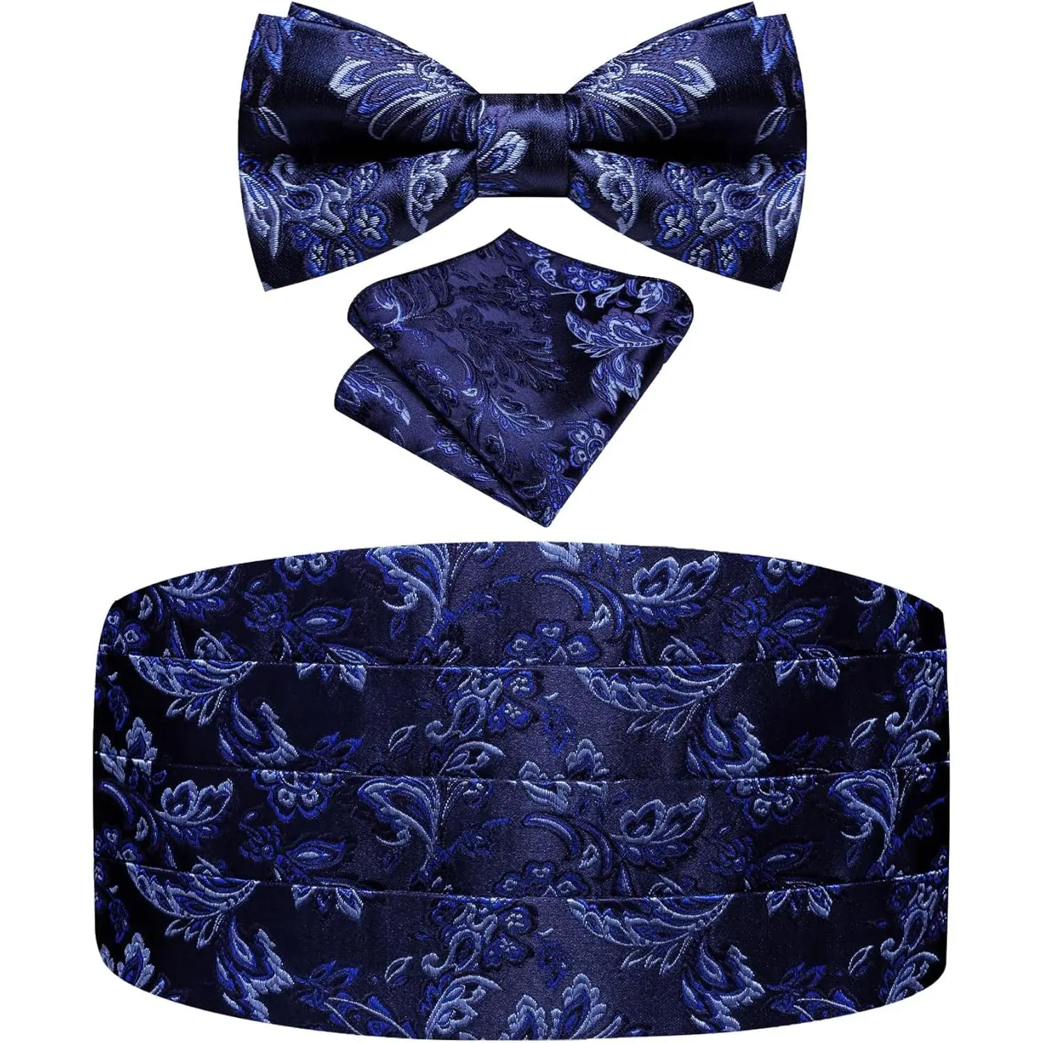 Blue Cumberbund and Bow Tie Set Paisley Floral Mens Silk Pretied Bowtie Cummerbund Pocket Square Tuxedo Accessories