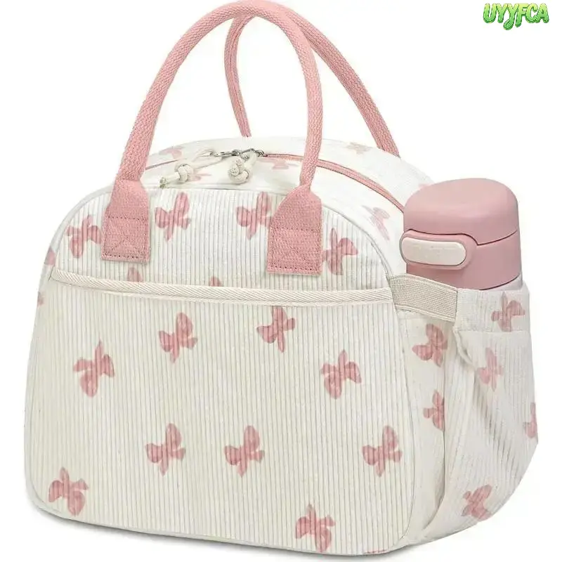 Corduroy Insulated Lunch Cooler Bag For Women, 10L Large Capacity Thermal Lunch Tote With Side Water Bottle Pocket & Front Phone Pocket, Waterproof Oil Resistant Reusable Thermal Lunch Box For Office Work School Picnic Travel Outdoor Daily summerwins