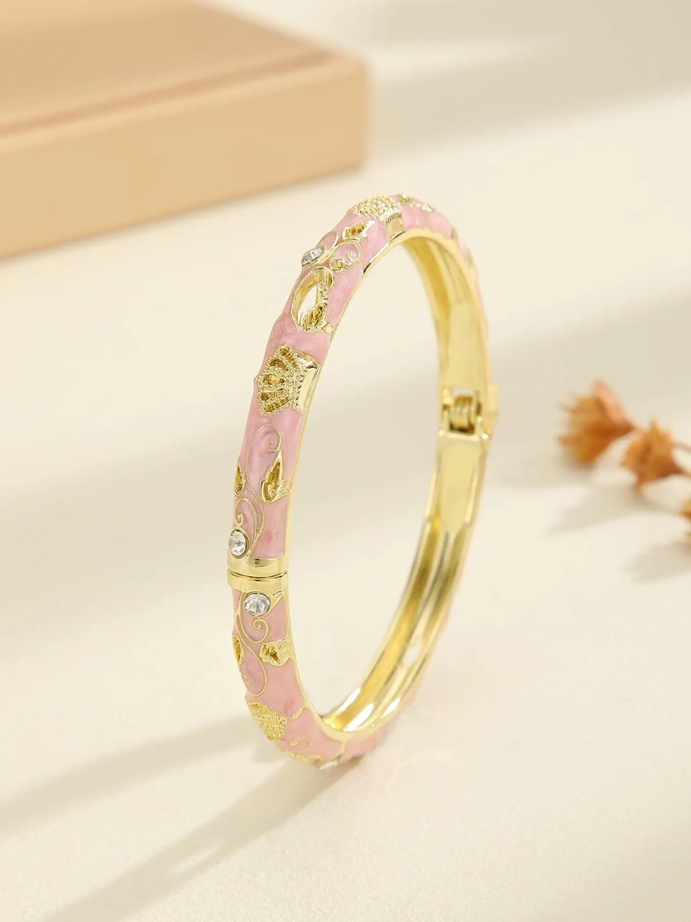 Cloisonné Style Hinged Enamel Bangle for Women, Gold Plated Crown & Bow Relief Cuff with Rhinestones, Elegant Pink Jewelry Gift, Exquisite Bracelet Cuff Bangles Bracelets
